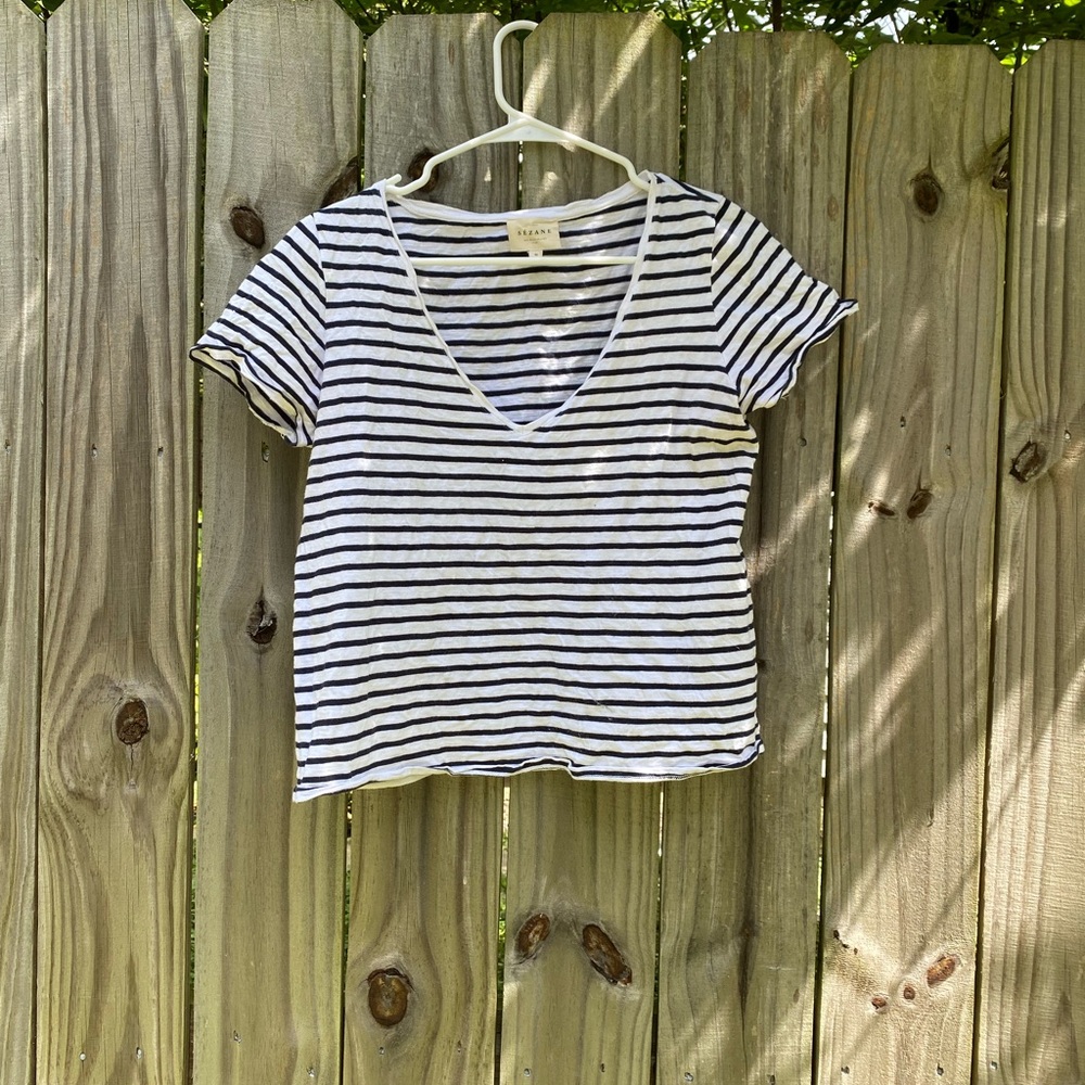Sezane Striped V-Neck T-Shirt